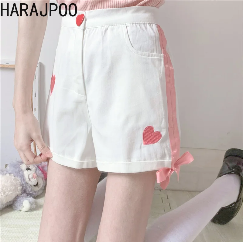 

Harajpoo Women Shorts Japanese Girl Soft Girl Summer New Student Peach Heart Love Embroidery Y2k Lace Casual Korean Style Pants