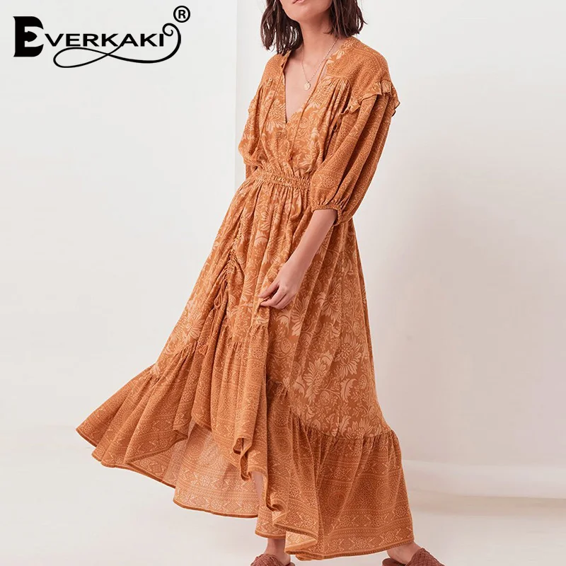 Everkaki Boho Женское Платье макси с принтом и оборками эластичная резинка на талии