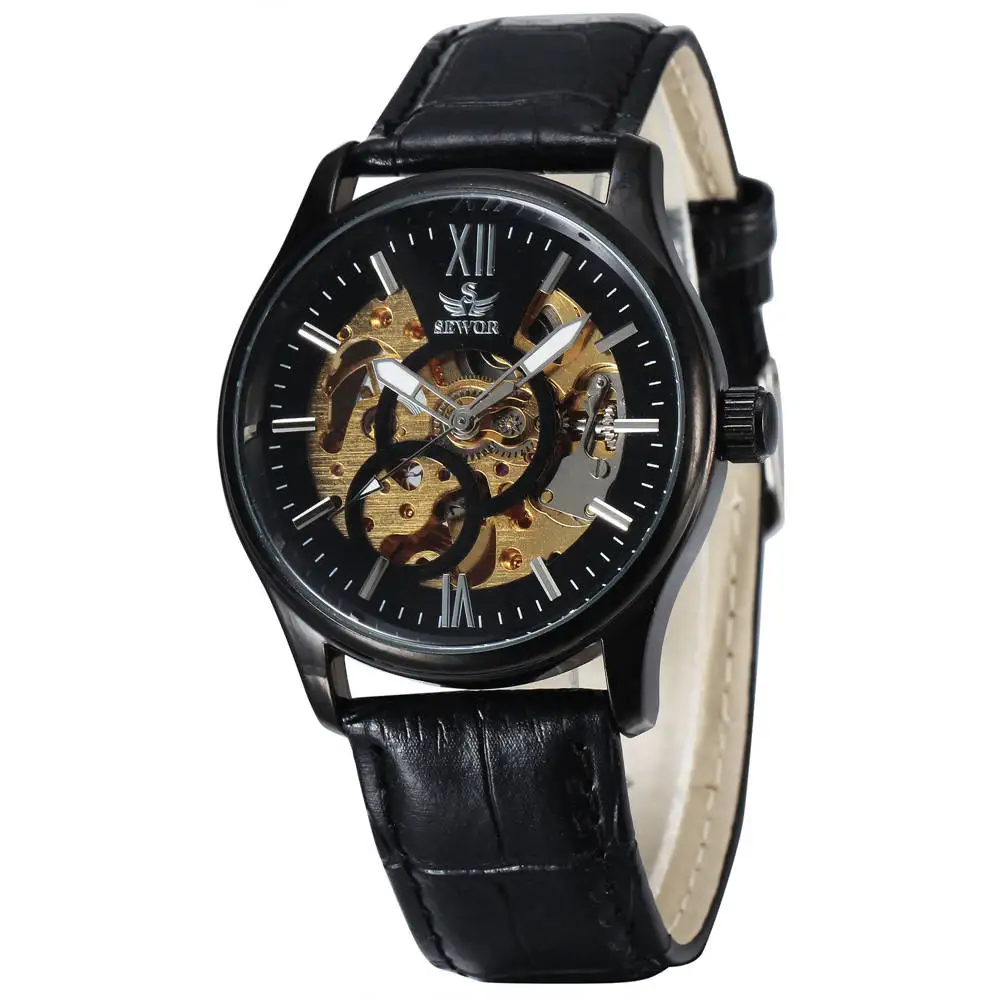 

Мужские механические часы-скелетоны SEWOR, черные деловые автоматические часы с кожаным ремешком, мужские Модные наручные часы