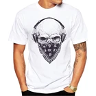 Мужские футболки 100% хлопок череп с наушниками дизайн вырез лодочкой повседневные топы в хипстерском стиле Винтажная футболка классная футболка