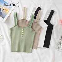pearl diary women rib knitted crop tops summer solid color ruffle pleated strap skinny basic short tops with front buttons new