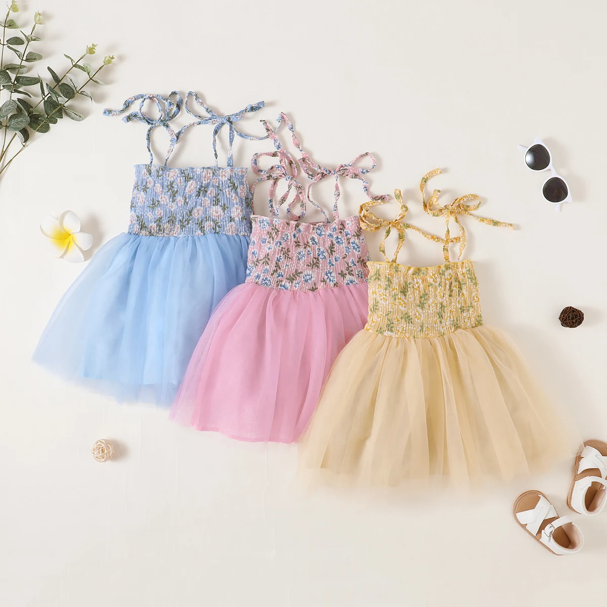 

3 Colors Summer Baby Girls Princess Dress Strap Sleeveless Flowers Printed Lace Patchwork Tutu Sundress 1-5Y
