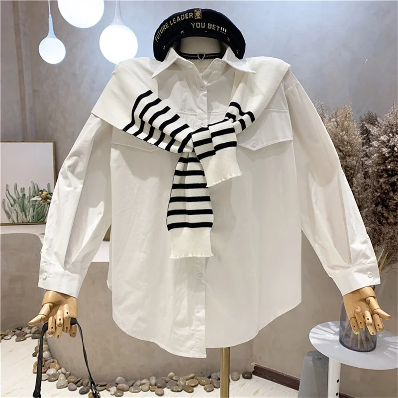 

Новая нишевая дизайнерская женская одежда осень 2021 просторная рубашка с длинными рукавами в ленивом стиле и Вязаная Шаль в полоску комплек...