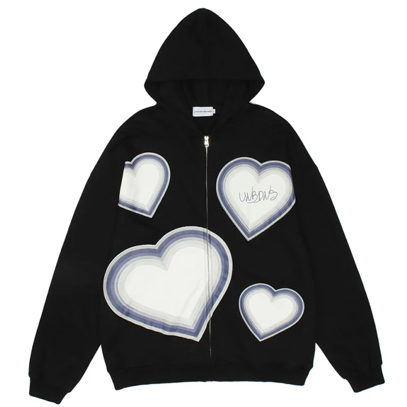 

Zip-up hoodie y2k women heart-shaped print loose punk E-girl kawaii sweatshirt hip-hop streetwear winter Harajuku zipper outwear