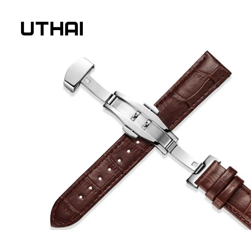 Коричневый UTHAI Z09 Ремешки для наручных часов из натуральной кожи 12-24 мм Универсальные часы с бабочкой и пряжкой стальной ремешок с пряжкой браслет+ инструмент - Цвет ремешка: Коричневый