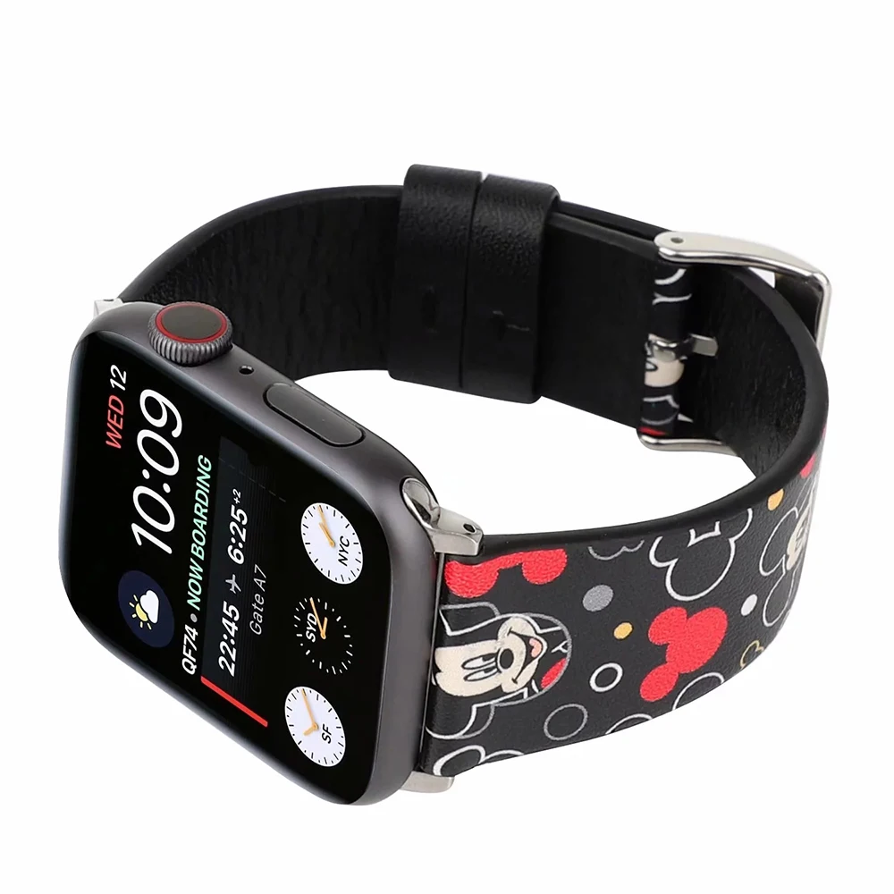 UEBN кожаный ремешок для наручных часов Apple Watch серии 1/2/3/4 ремень с Микки-Маусом Мышь «Минни Маус» с принтом в виде персонажей из мультфильма для наручных часов iWatch, 44 мм 40 мм, 38 мм, 42 мм, ремешок для часов