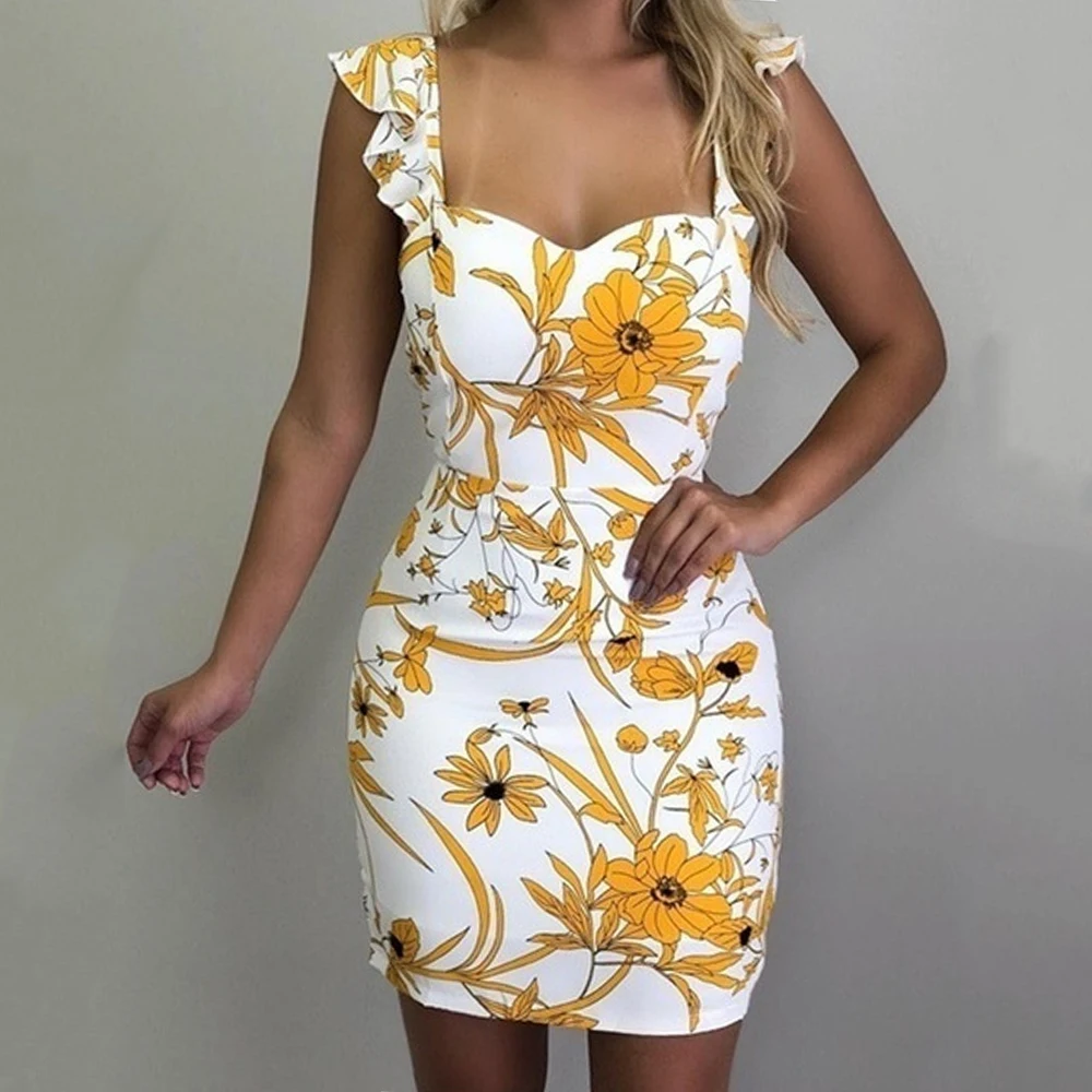 HEFLASHOR Мода 2020 мини-платье с цветочным принтом сексуальное оборками на бретелях