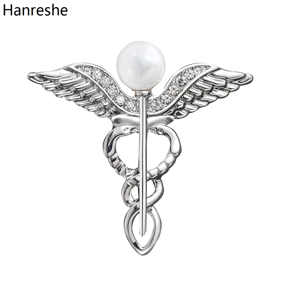 

Hanreshe Medical Rod of Asclepius Brooch Pins Inlaid Crystal Pearl Silver Plated Metal Lapel Badge Jewelry for Doctors and Nurse