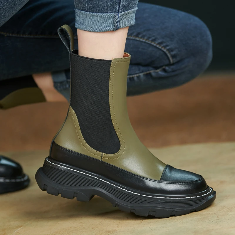 

2021 Autumn Shoes Women British Style Cow Leather Chelsea Boots Thick Soled Mixed Colors Flat Platform Martin Short Boots Botas