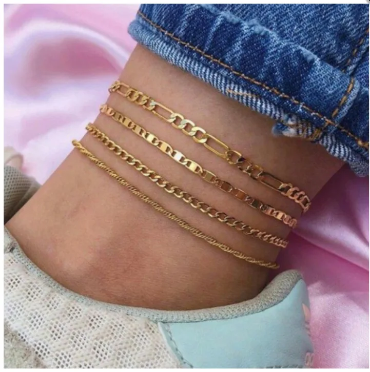 

Bohemia Hippie 4Pc Set Gold Plating Geometric Alloy Chain Ankle Bracelets for Women