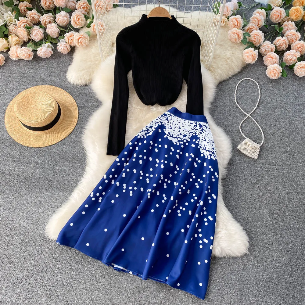 

Women's Autumn Winter Runway Fashion Knitted Top Print Skirt 2 pcs Dress Female Chic Travel Party Dress TB2100