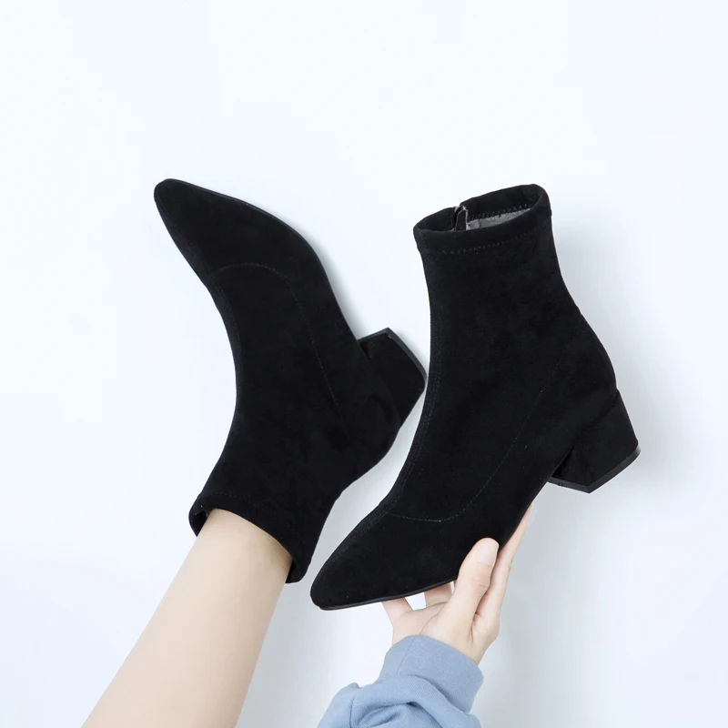 

2021 Big Size 43 Med Heels Boots Women Faxu Suede Leather Autumn Winter Shoes Ladies Zipper Fashion Ankle Boots Women Black