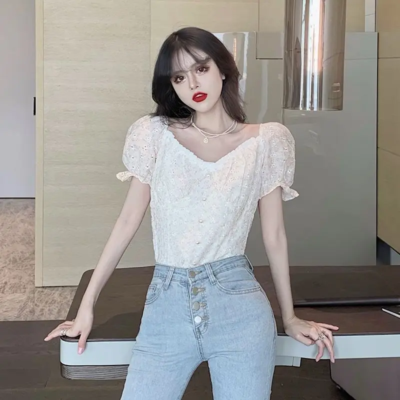 

Korean Style Casual Floral Tops Women Short Sleeve Vintage Blouse Office Lady Elegant Basic Shirt Button Design 2021 Summer Chic