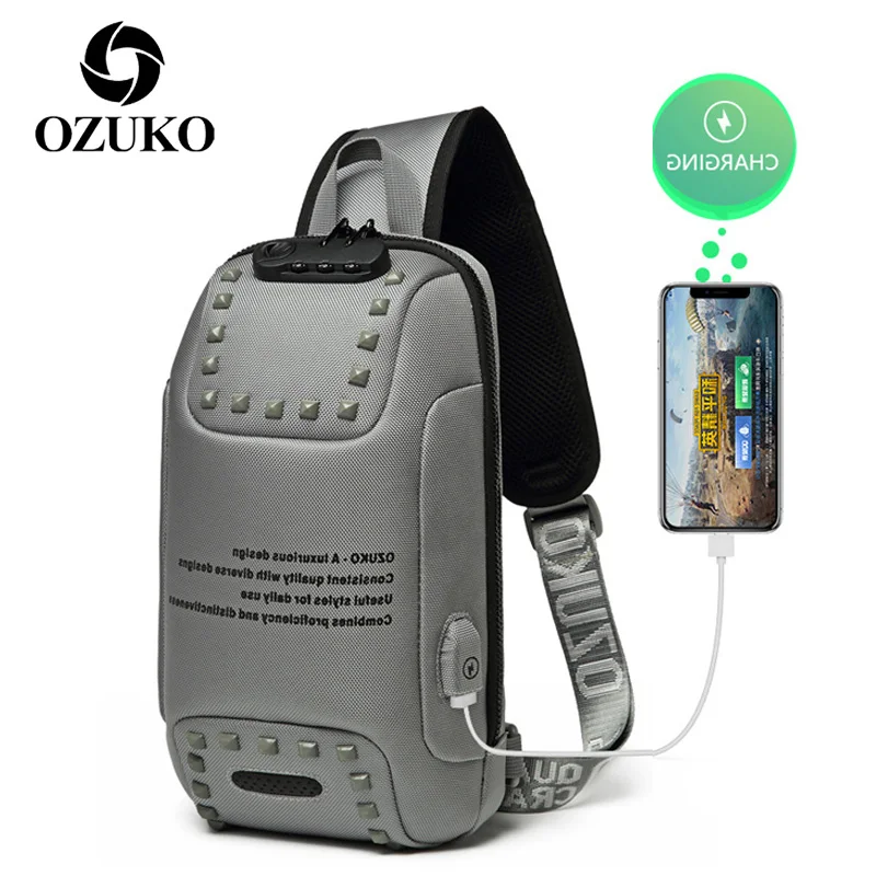 

OZUKO Outdoor Travel Anti Theft Chest Bag for Men Short Trip Single Crossbody Bags Male USB Charging Pack Waterproof Sling Bag