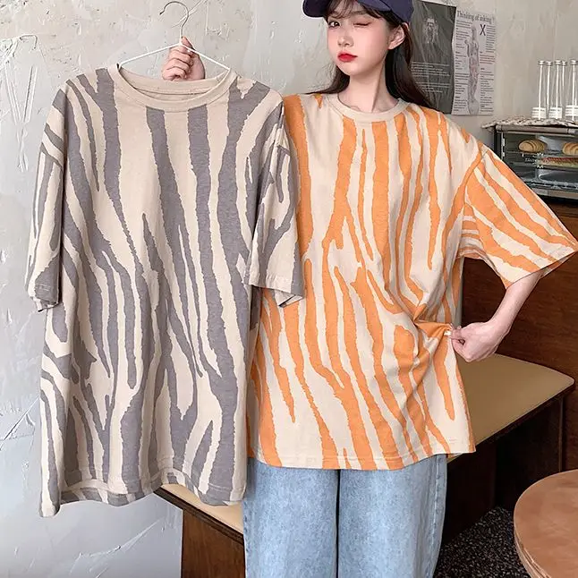 

Y2k Vintage Orange Gray Casual Summer Short-Sleeved Top Oversized T-Shirt Fashion Harajuku Plus Size Striped Print Women T-Shirt