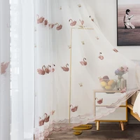 pink cute swan embroidered gauze for bedroom tulle balcony decorative drapes curtains white sheer window screens for living room