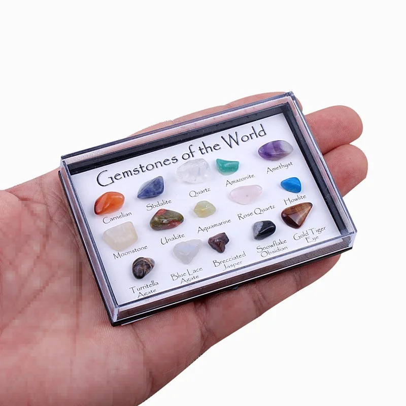 

1set Natural Crystal Stone 15 in 1 Rock Mineral Specimen Teaching specimens Jaspery Gift Box Healing Stone Gifts for Children