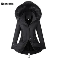 cashiona women drawstring jackets vintage stand pocket waistcoat 2022 mujer parkas jackets winter fur hooded tops outerwear