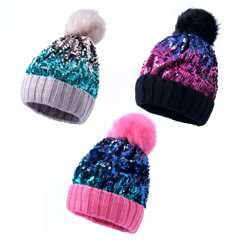 Новинка Вязаная Шапка-бини с блестками женские толстые блестящие шапки Зимняя