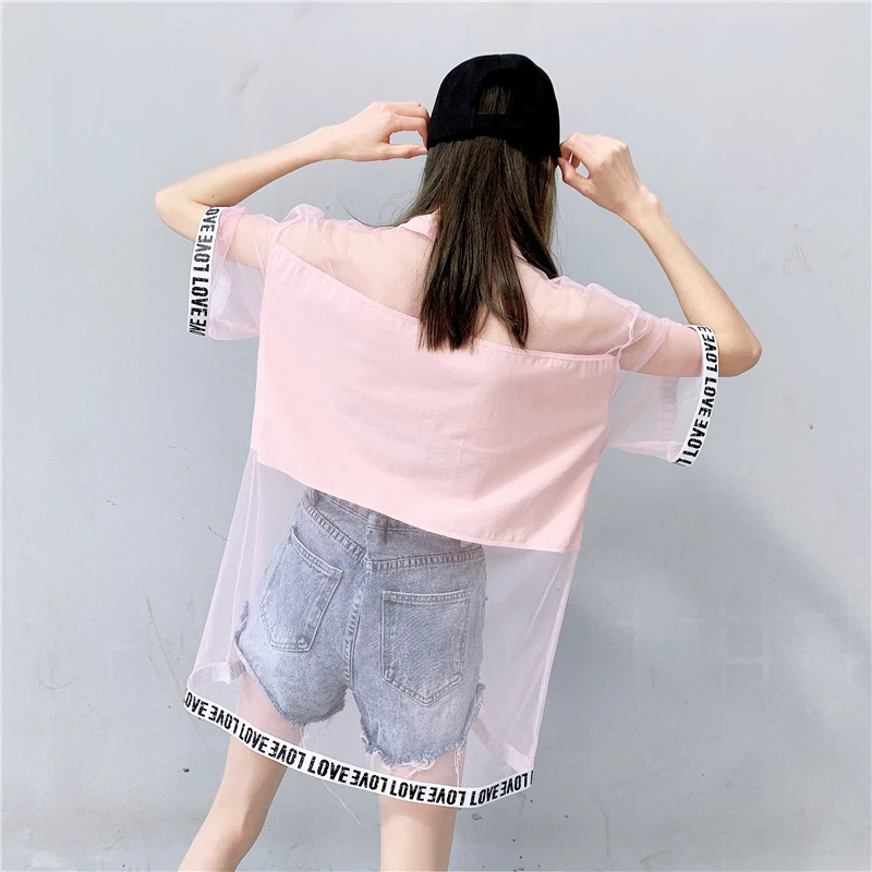 

2020 Summer New street hip-hop sexy perspective loose cool black shirt tide Women stitching mesh yarn T-shirt female B358