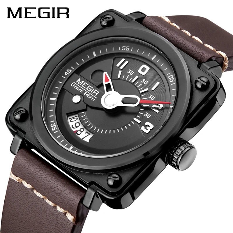 Часы наручные MEGIR Мужские кварцевые модные квадратные с кожаным ремешком