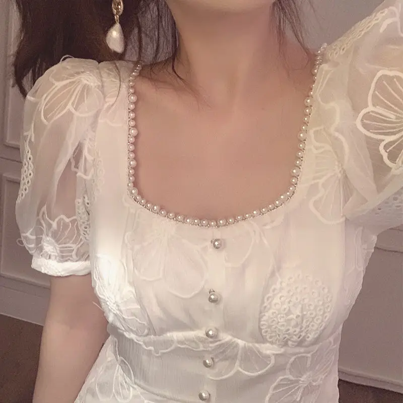 Женское шифоновое платье с квадратным вырезом элегантное белое кружевное во