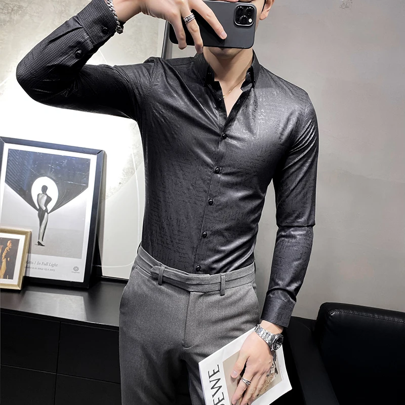 Мужская приталенная рубашка с принтом горячего тиснения длинным рукавом в