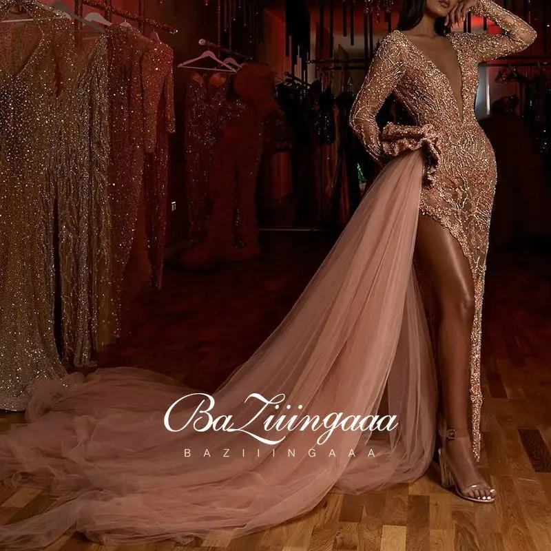 

BAZIIINGAAA Luxury Ball Gown Long Woman Gown 2021 Sequins Evening Dresses Parties Robe de bal Plus Size Prom Party Gowns