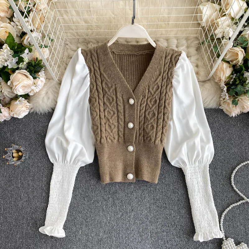 Retro Single Breated Women Short Knitted Patchwork Jacket Autumn Chic V-neck Puffy Ruched Sleeve Sweater Top