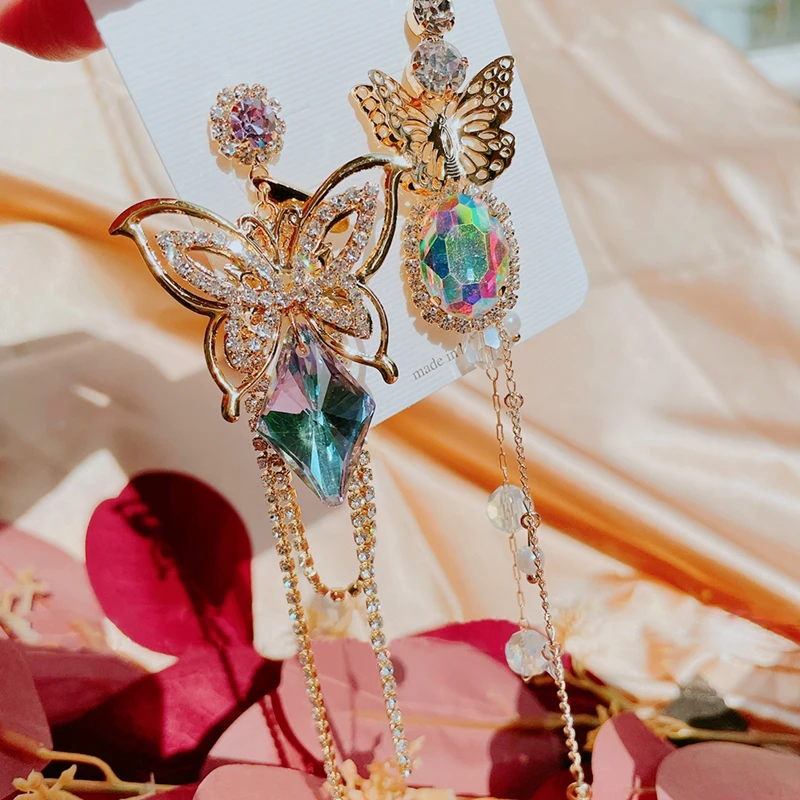 

MENGJIQIAO Fashion Luxury Asymmetric Rhinestone Butterfly Long Drop Earrings For Women Girls Champagne Oval Crystal Jewelry