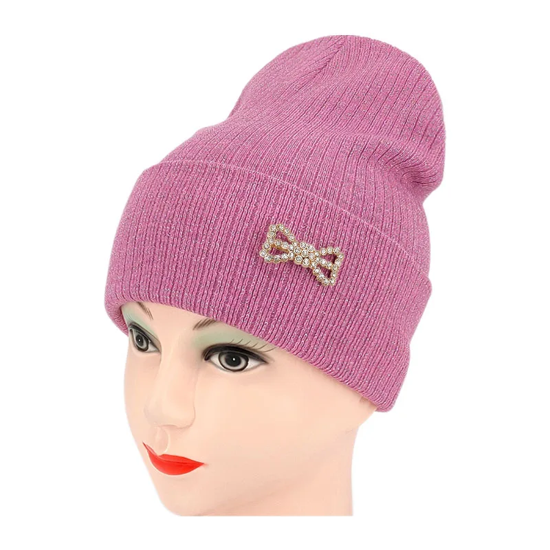 

New fashion cashmere hat with bow-knot drill cap, ladies autumn and winter outdoor leisure knitted hat