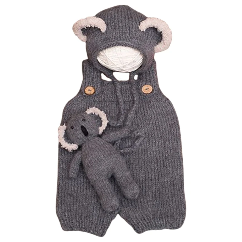 

3Pcs/Set Newborn Photography Props Suit Knitted Jumpsuit Rompers with Beanie Hat Koala Doll Toy Infant Baby Outfits