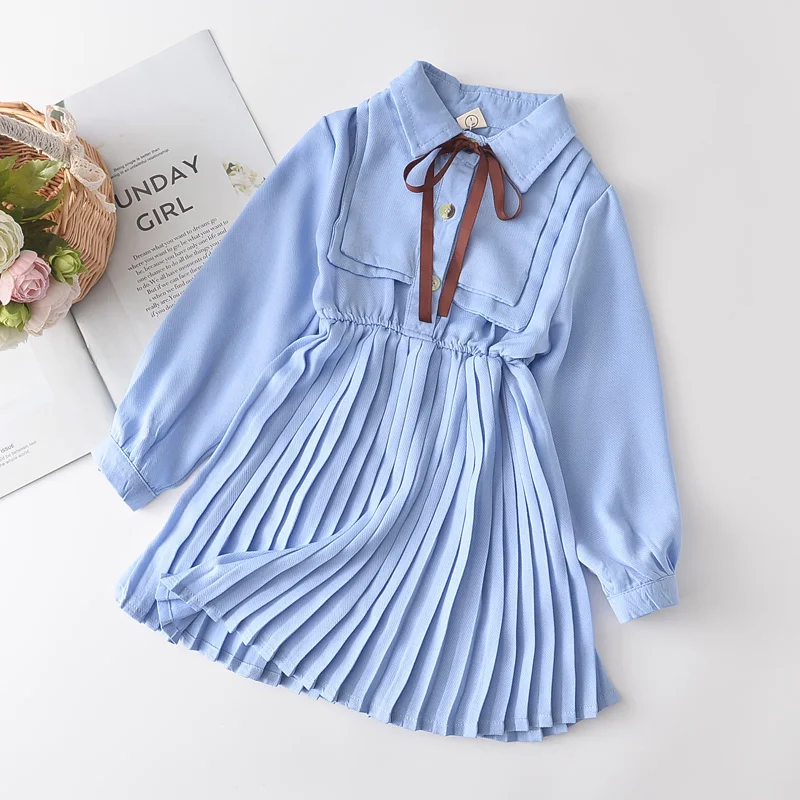 

2021 New Spring Autumn Girls Casual Dresses Girl Ruches Dress Kids Bowtie Party Costumes Children Vestidos Fashion Clothing