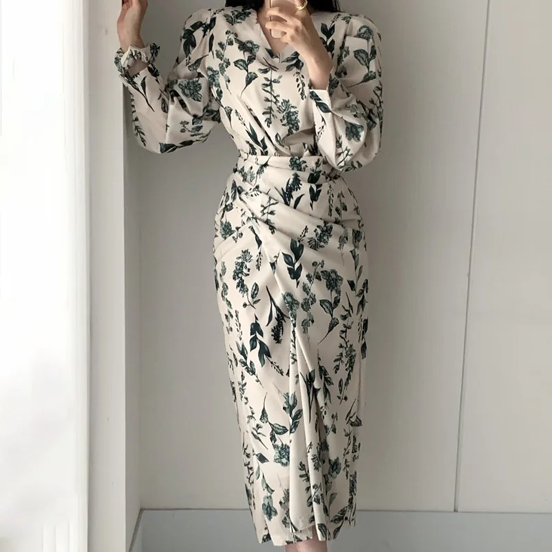 

Женское шифоновое платье-макси с цветочным принтом, V-образным вырезом и пышными рукавами