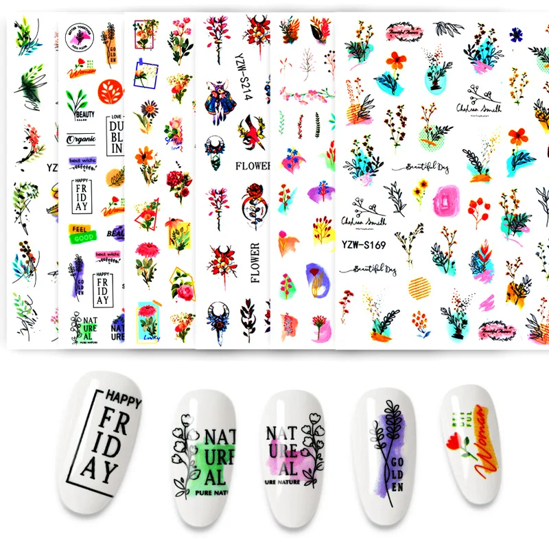 

3D Charms Flowers Leaf Nail Stickers Watercolor Abstract Floral Decals Sliders Manicures Nail Art Decorations For Summer