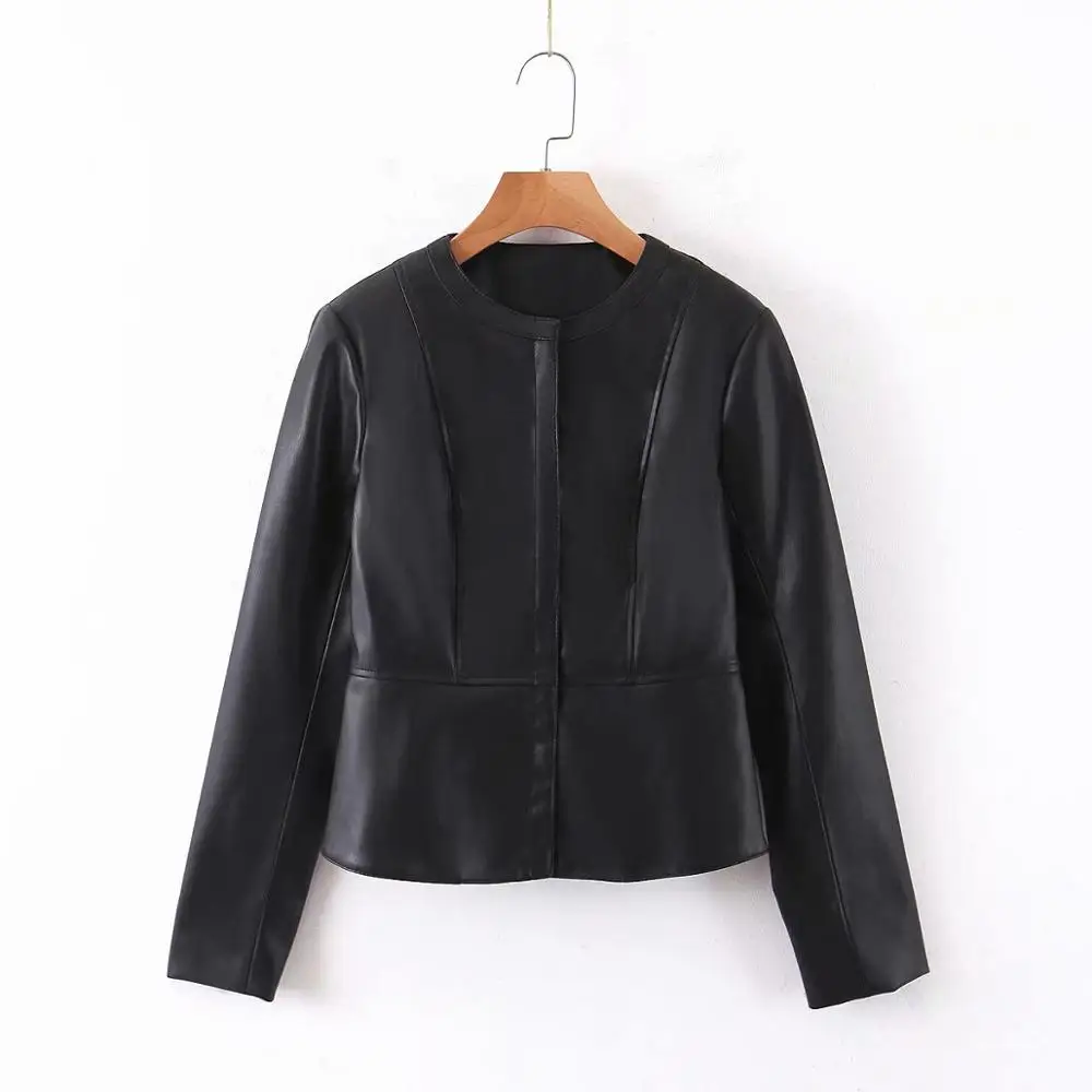 Новинка женская рубашка из искусственной кожи с круглым воротником и длинным