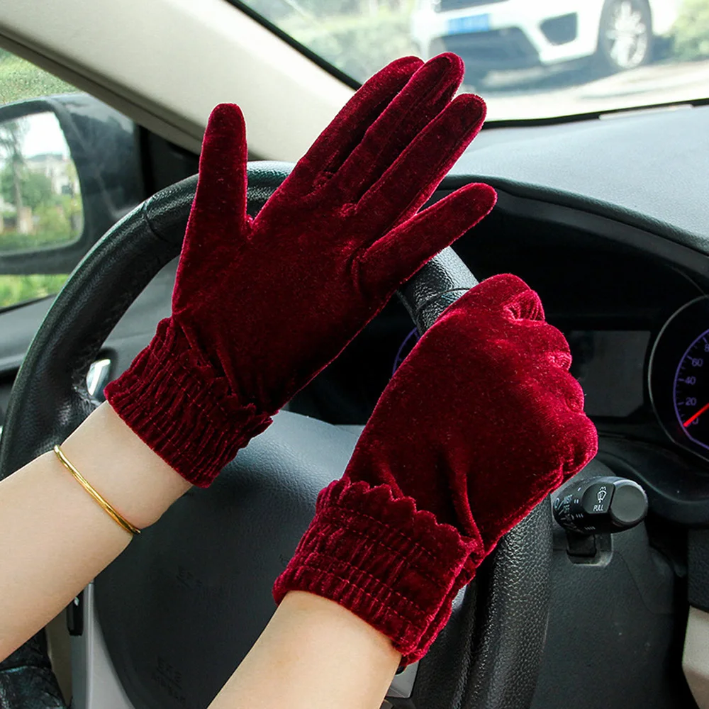 

1 Pairs Gold Velvet Gloves Women Soft Elastic Full Finger Mittens Outdoor Cycling Driving Gloves Etiquette Dress Party Gloves