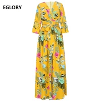 plus size long dress 2021 spring summer bohemian women v neck charming floral print belted long sleeve casual long yellow dress