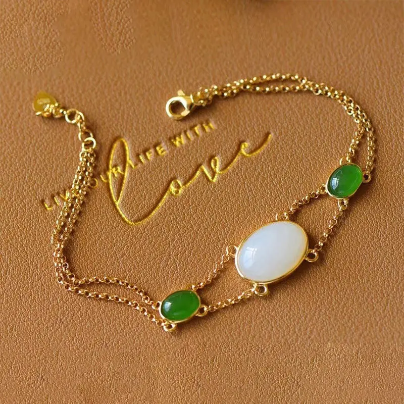 

new inlaid natural Hetian white Chalcedony bracelet Chinese style retro unique ancient gold craft women charm brand jewelry