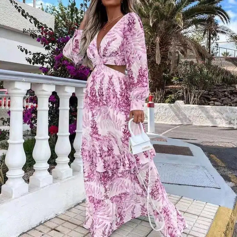 

Женское ажурное платье в стиле бохо, длинное пляжное платье с глубоким V-образным вырезом, летнее платье с принтом и оборками для вечеринки