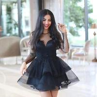 sexy black short prom dresses with illusion long sleeve sheer neck puffy tulle lace 2021 mini cocktail party homecoming gowns