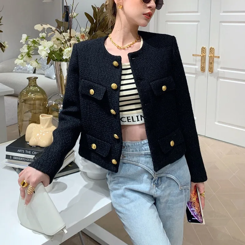 

CBAFU new chic black tweed jacket women cashmere luxury button short coat long sleeve woolen cardigan runway outwear autumn N458