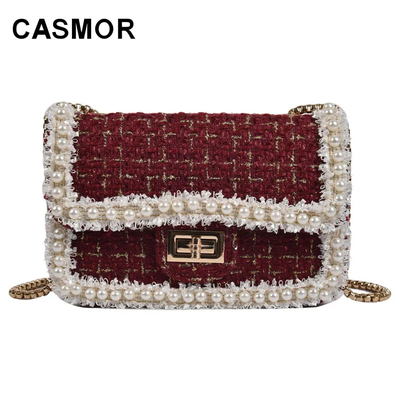 

CASMOR Winter Women Shoulder Bag Brand Diamond Lattice Mini Wool Fashion Designer Handbags Pearl Multicolor Crossbody Bag Female
