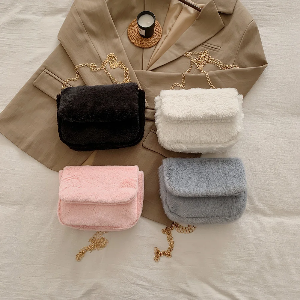 

Autumn Winter Women Plush Shoulder Crossbody Bag Fashion Ladies Solid Color Handbag Totes Street Commuter Clutch Square Bag 2021