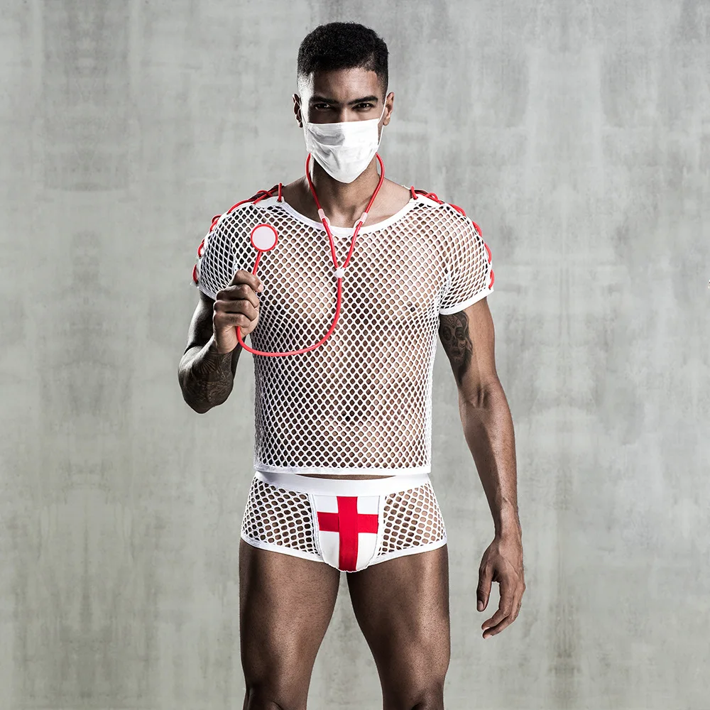 Mens Sexy Mesh Doctor Uniform Role Play Set Cosplay Gay Bar Dance Perform Costume Outfit