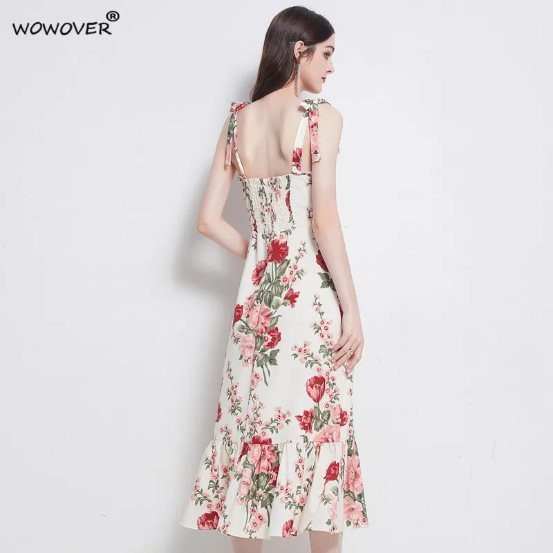 

Summer Runway Fashion Strap Floral Print Midi Holiday Dress Women Clothes Designers Elegant Party Robe Femme