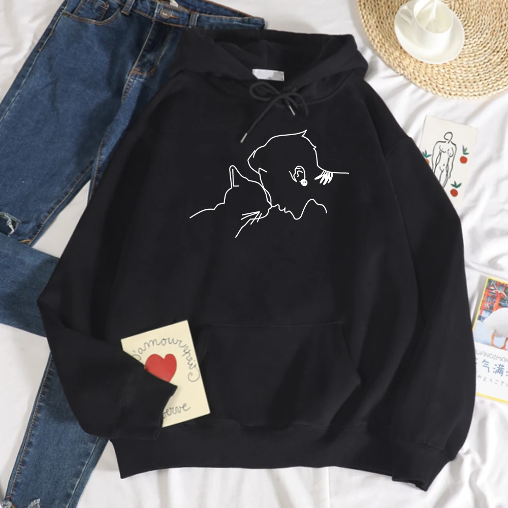 

Cute Cat With Handsome Print Sweatshirt Women simple High Quality Hooded Hipster Casual Hoodies hip hop Loose Fleece Unisex Top