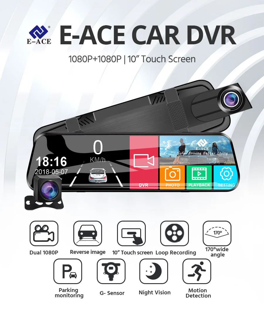 $63.14 Acceo 10 Inch Touch Screen Stream Media 1080P Night Vision Dashcam Dual Lens Auto Registrar Video Recorder 1080P RearView Mirror