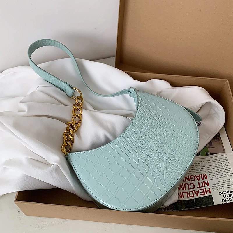 

Simple Stone Pattern Women Single Chain Shoulder Bag Elegant Design Ladies Half-moon Underarm Bag Fashion Female Handbags Purses