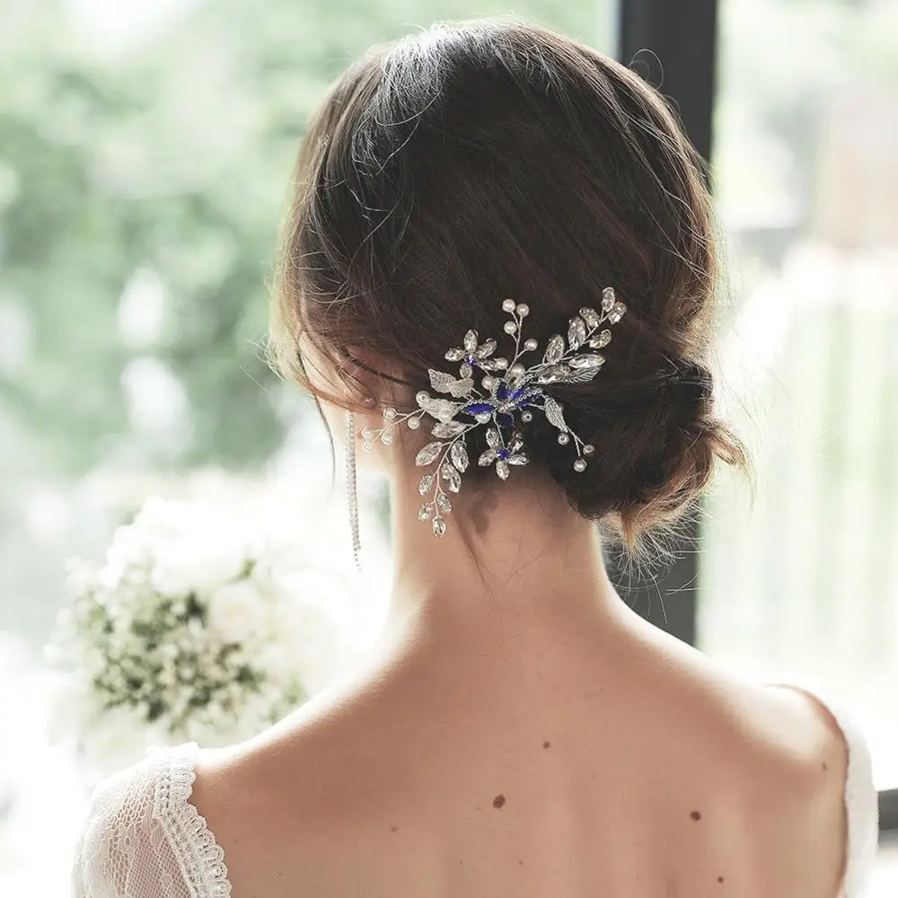 Женский гребень для волос с искусственным жемчугом серебристый/синий